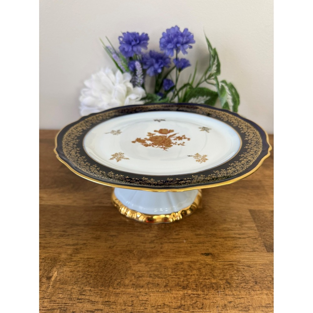 Limoges Cobalt Blue‎ Pedestal Cake Stand 22K Gold Goumot-Labesse France